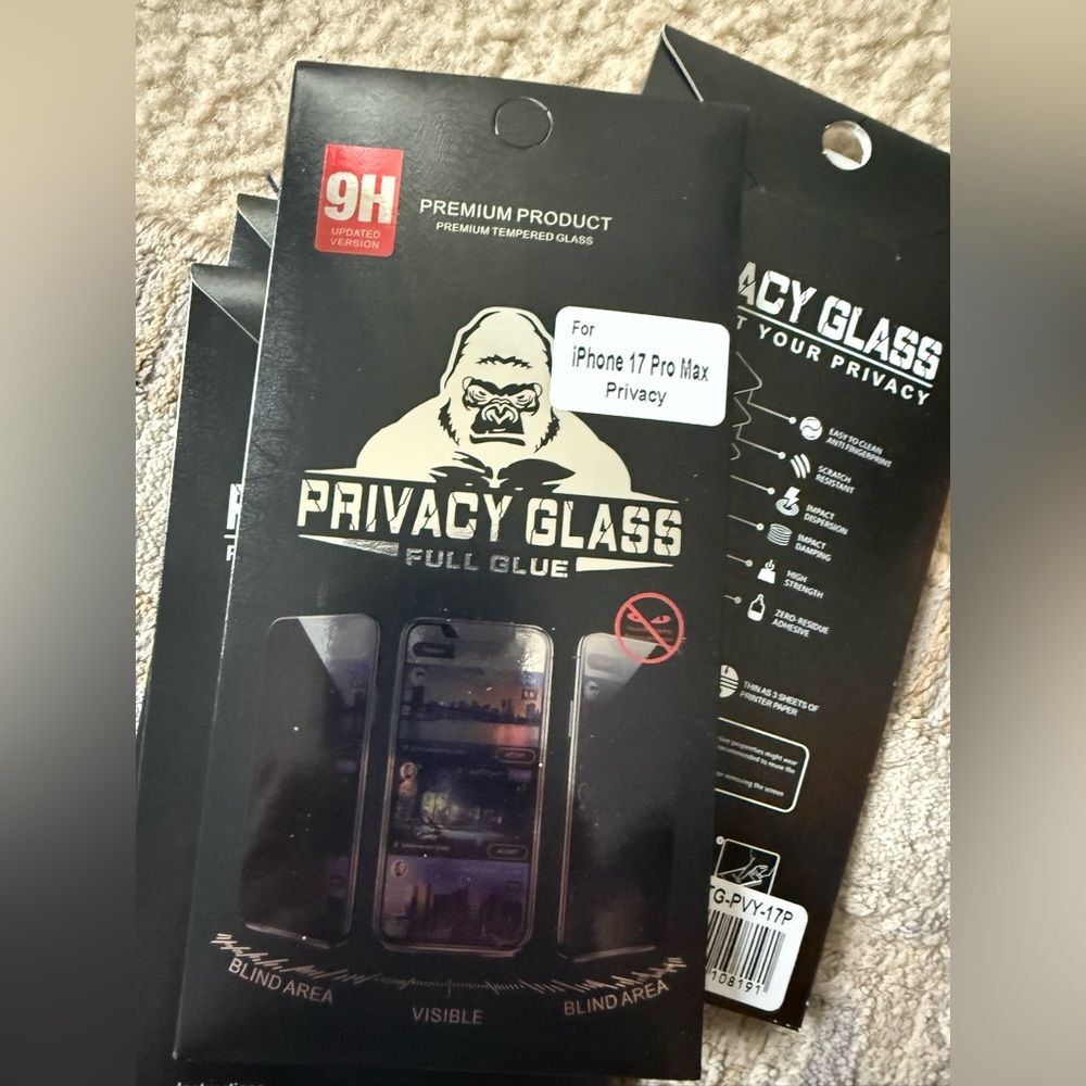 Privacy Glass Screen Protector for iPhone 17 pro/proMax - Black 2 each